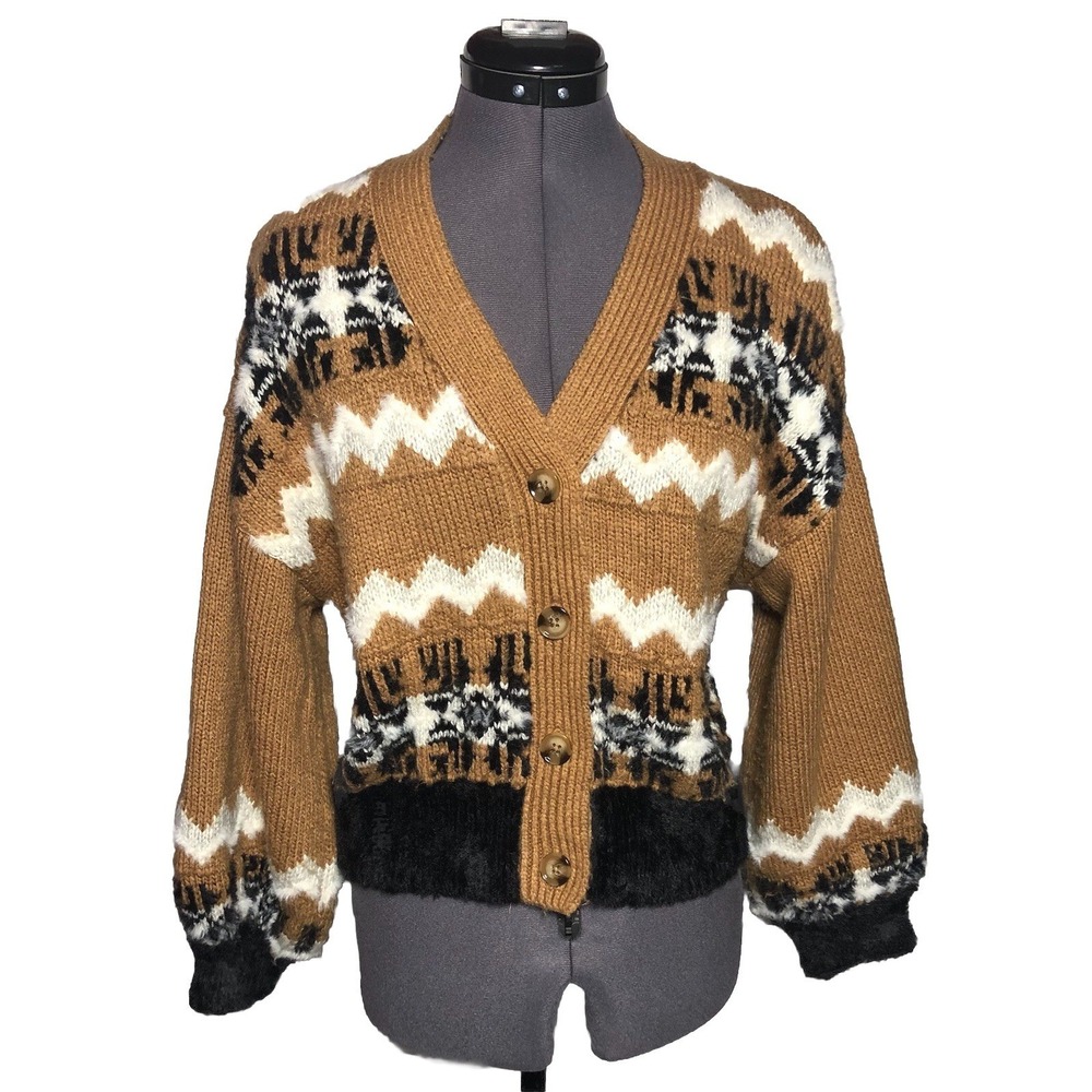 Ann Taylor Fair Isle Chunky Knit‎ Cardigan Sweater Tan Black White M B-44
